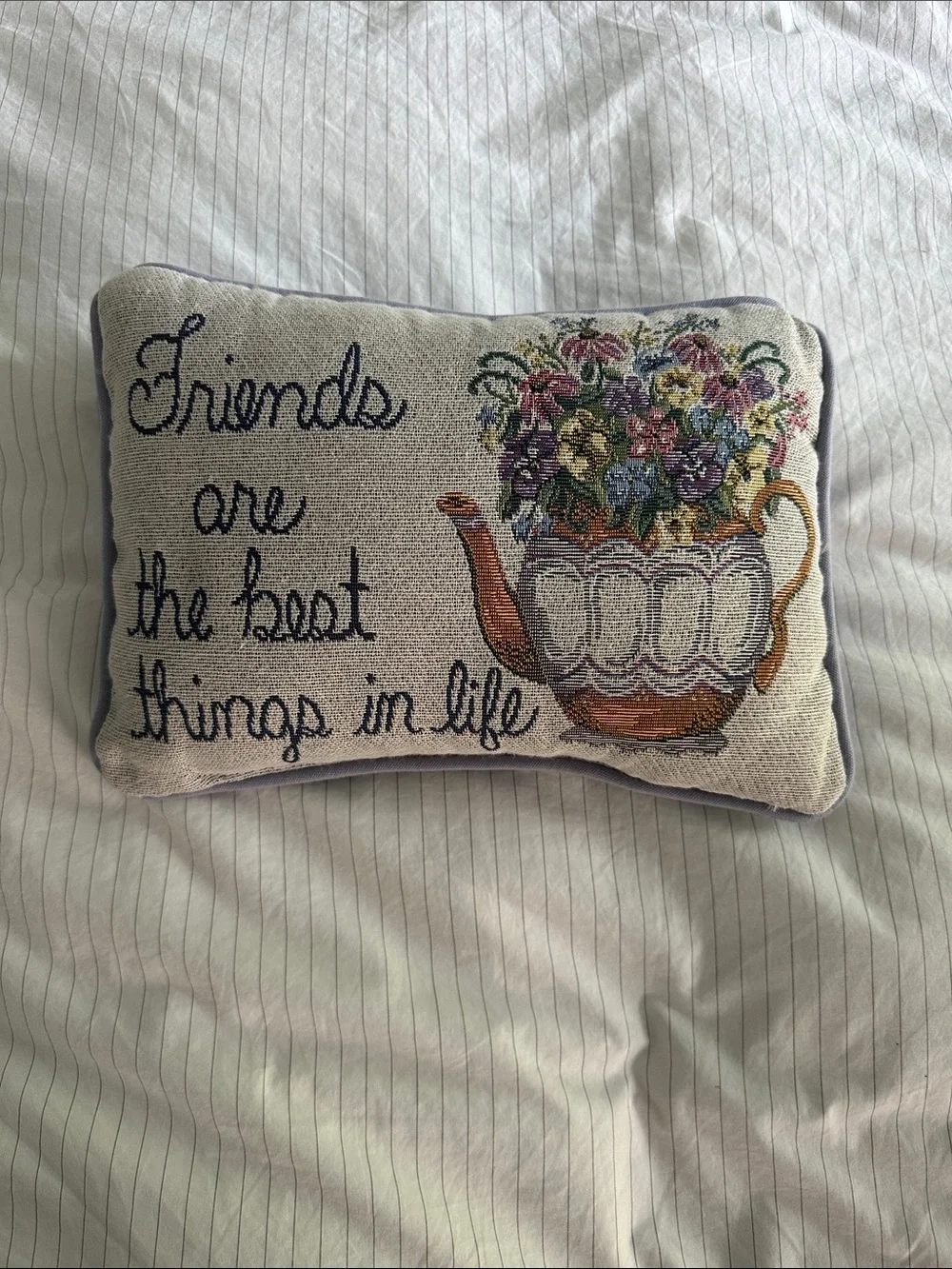 Embroidered Floral Teapot Accent Pillow - Cream with Multicolor Flowers